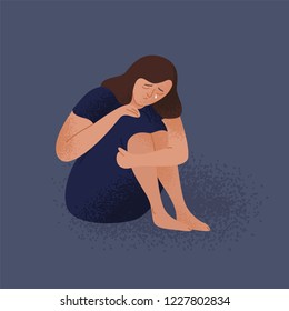 Sad crying lonely young woman sitting on floor. Depressed unhappy girl. Female character in depression, sorrow, sadness. Mental disorder or illness. Colorful vector illustration in flat cartoon style.