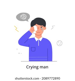 Sad crying man concept. Frustrated confused man wipes his tears with napkin. Unhappy character from grief. Negative emotions or problems. Life difficulties. Cartoon modern flat vector illustration