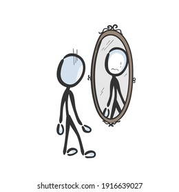 Sad crying man looking in mirror. Vector simple low self esteem reflection in the mirror. Self love stickman no face clipart cartoon. Hand drawn. Doodle sketch, graphic illustration