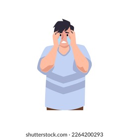 Hombre triste llorando derrama lágrimas, ilustración plana vectorial aislada en fondo blanco. Persona que atraviesa un momento dramático en la vida y sufre de estrés o infelicidad.
