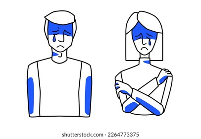 Sad crying man and woman, emotion of sorrow, melancholy of husband and wife. Line art, half body hand drawn sketch style with blue spots.