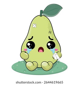 Sad And Crying Pear Cartoon Character With Wound On His Body Sitting On The Green Grass
