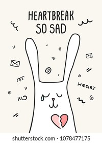 Sad crying rabbit with broken heart. Cartoon animal flat vector illustration
