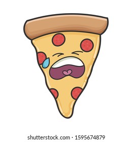 Sad crying slice of pizza cartoon isolated on white