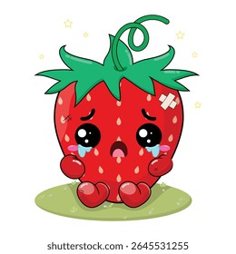 Sad And Crying Strawberry Cartoon Character With Wound On His Body Sitting On The Green Grass