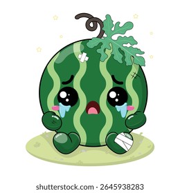 Sad And Crying Watermelon Cartoon Character With Wound On His Body Sitting On The Green Grass