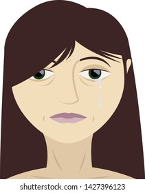 Sad crying woman with big green eyes and brown hair, isolated on white background