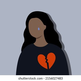 Sad crying woman with broken heart portrait. Depression, failure, mental health, loneliness concept. Flat faceless cartoon character vector design isolated illustration.