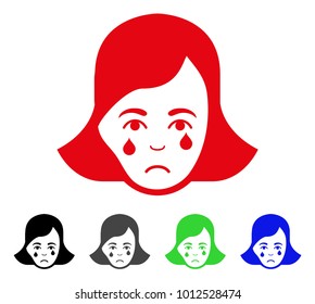 Sad Crying Woman Face vector pictogram. Vector illustration style is a flat iconic crying woman face symbol with grey, black, blue, red, green color versions. Face has mourning emotions.