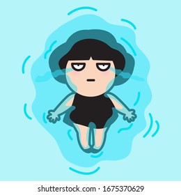 Sad Crying Woman Floating In Ocean Concept Card Character illustration