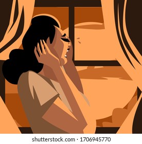 sad crying woman looking in the window