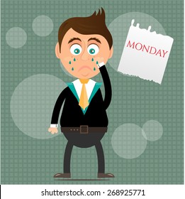 Sad, crying, young, standing, man with tears, piece of paper with text Monday, gray background with pattern