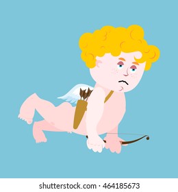 Sad Cupid with bow. unhappy emotion. tragic cute little angel. Good baby with wings to Valentines Day. Arrow of Love. Tired Angel of Love with golden curly hair. Illustration for 14 February