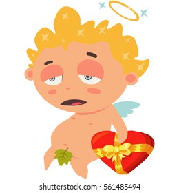 Sad cupid with a red box of chocolates in form of heart. The symbol of Valentine's Day. Cartoon vector illustration on a white background.
