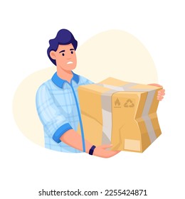 Triste cliente sostiene ilustración vectorial de caja de cartón rota. Caricatura aislado joven alterado llevando un paquete en una caja de cartón dañada y desmentida, persona enojada debido a problemas de entrega