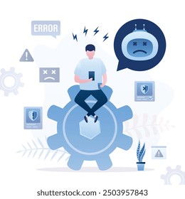 Trauriger Kunde sitzt auf riesigen Ausrüstung und chattet mit dummen Chat-Bot in der Hilfe Linie Chat. Künstliche Intelligenz macht Fehler, Fehler in Bot-Antworten, Programmfehler. KI mit Viren- oder Codefehlern.