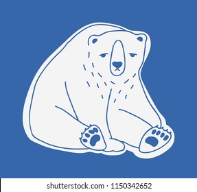 Sad cute adult polar bear hand drawn with contour lines. Doodle drawing of sitting unhappy lonely cartoon Arctic carnivorous animal isolated on blue background. Monochrome vector illustration.