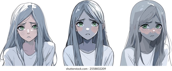 Sad cute anime girl grey skin with long silver gray hair and green eyes