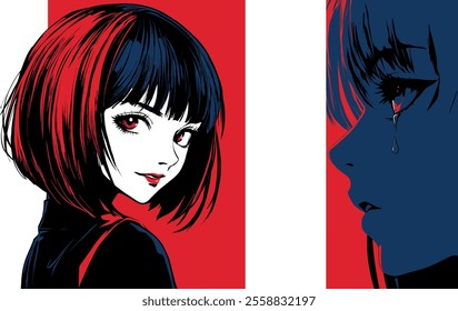 Sad cute anime girl red and blue colored outlined vector artwork