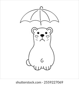 Sad cute bear with umbrella in black outline. Flat illustration.