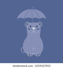 Sad cute bear with umbrella. Flat color illustration.