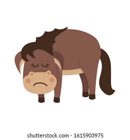 Sad and cute brown horse. Cartoon vector illustration isolated on white background.