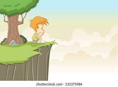 Sad cute cartoon boy thinking on top of a hill