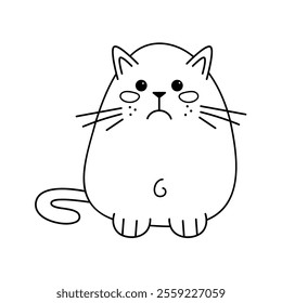 Sad cute cat in black outline. Flat illustration.