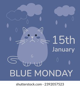 Sad cute cat in the rain on Blue Monday. Flat color vector illustration. Could be a template for an Instagram post.