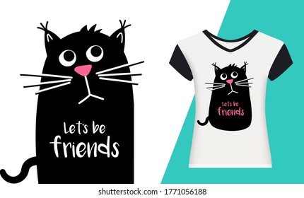 Traurige Katze mit Text. Lasst uns Freunde sein. Kawaii schwarze Katze. Vektorgrafik-Illustration in flacher Form. Zum Drucken auf Tasse, T-Shirts oder Grußkarte. 
