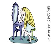 Sad cute girl looking at her reflection in mirror.  Hand-drawn vector illustration isolated on white
