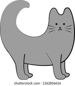 
sad cute gray cat with a round tail on a white background drawn vector