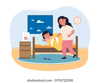 Sad cute kid boy laying in his bedroom sick with thermometer. Mother is taking care of her little kid with high temperature. Concept of children catching cold. Flat cartoon vector illustration