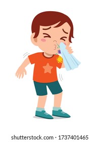 Sad Cute Little Kid Boy Sneeze Because Of Flu