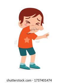 sad cute little kid boy sneeze because of flu