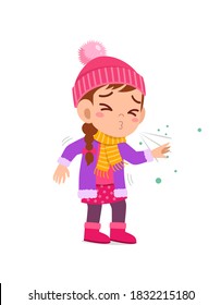 sad cute little kid cough and wear jacket in winter season. child feeling sick wearing warm clothes