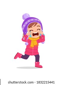 sad cute little kid cry and wear jacket in winter season. child scream crying wearing warm clothes