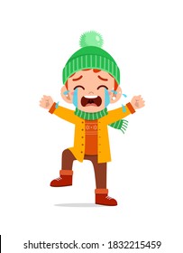 sad cute little kid cry and wear jacket in winter season. child scream crying wearing warm clothes