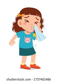 sad cute little kid girl sneeze because of flu