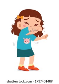 sad cute little kid girl sneeze because of flu