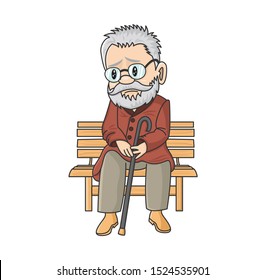 Sad cute old man with a cane sitting on a wooden bench. Lonely vector cartoon grandfather. Unlucky pensioner. 