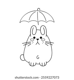 Sad cute rabbit with umbrella in black outline. Flat color illustration.