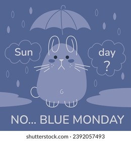 Sad cute rabbit with umbrella on Blue Monday. Flat color vector illustration. Could be a template for an Instagram post.