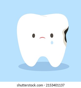 Sad Cute Tooth Decay Or Cavity On Enamel Isolated On Light Blue Background. Cartoon For Kids, Oral Health, Dental Education For Children, Dentistry. Flat Vector Illustration Character.