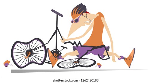 Sad Cyclist And Broken Bike Illustration. Cyclist Sitting Near A Broken Bicycle Isolated On White Illustration 
