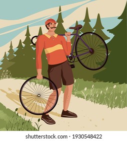 
A sad cyclist stands with a broken bike on the road by the forest. Participant of the Tour de France. Cycling. Vector illustration.