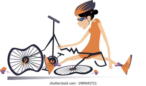 Sad Cyclist Woman And Broken Bike Illustration. 
Cyclist Young Woman With Downcast Head Sitting Near A Broken Bicycle Isolated On White
