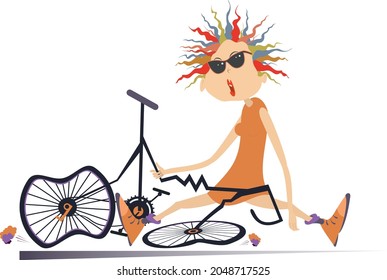 Sad Cyclist Woman And Broken Bike Illustration. 
Cartoon Cyclist Woman In Sunglasses Sitting Near A Broken Bicycle Isolated On White
