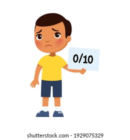 Sad dark skin little boy got the worst grade. The concept of a failed test, exam. Cartoon character isolated on white background. Flat vector color illustration. .