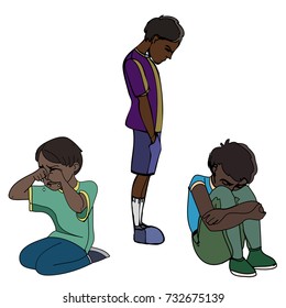Sad dark skinned children, kids. Boys. Vector outlined illustration. Colored image, white background.